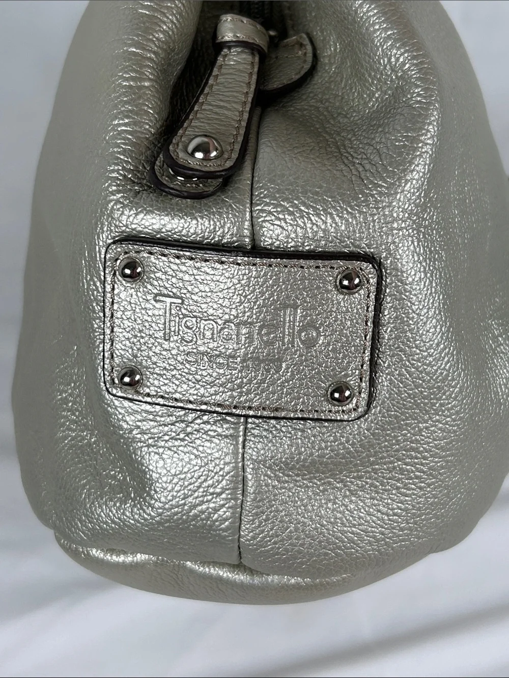 Tignanello Leather Metallic Silver Hobo Bag with Matching Wallet And Keyring